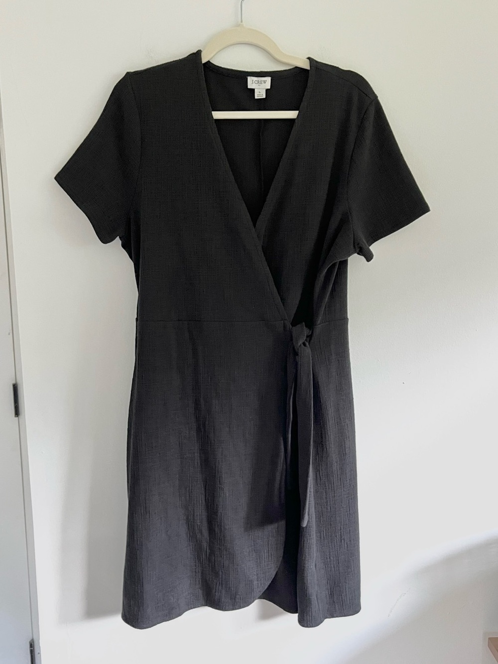 J. Crew Textured Knit Wrap Dress Black Short-Sleeve Minimalist Classic LBD Large